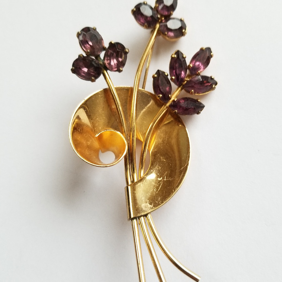 Coro Sterling Amethyst Rhinestone Floral Brooch - Picture 4 of 4